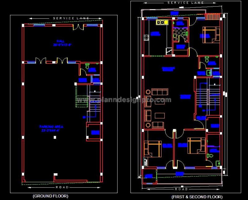 30'x60' Plot G+2 Residential CAD Layout with Furniture Plan